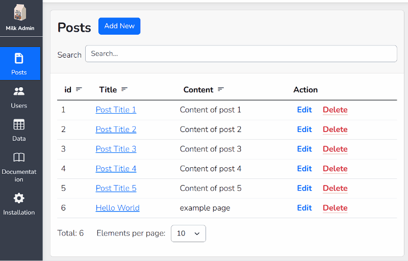 Posts list with search and pagination